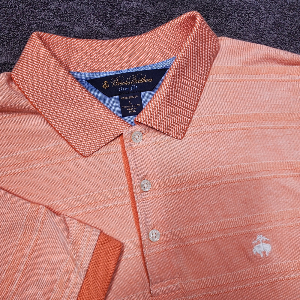 Brooks Brothers Polo Shirt Mens L Orange Mercerized Cotton Short Sleeve Slim Fit